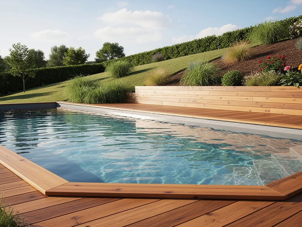 Piscine bois semi-enterrée sur une terrasse en pente, margelles bois